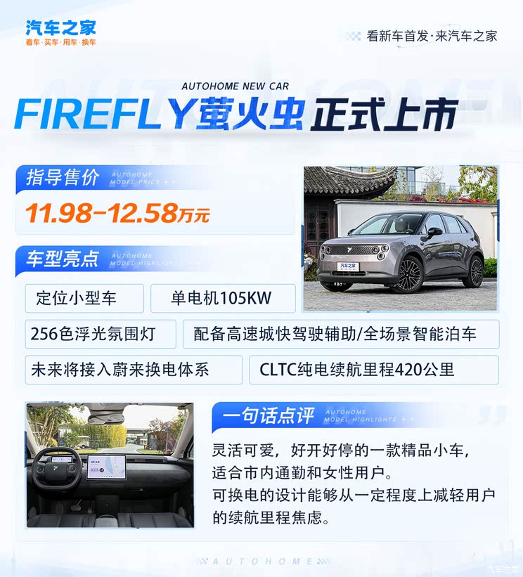 小巧精致/能换电池！firefly萤火虫正式上市 售价11.98万起